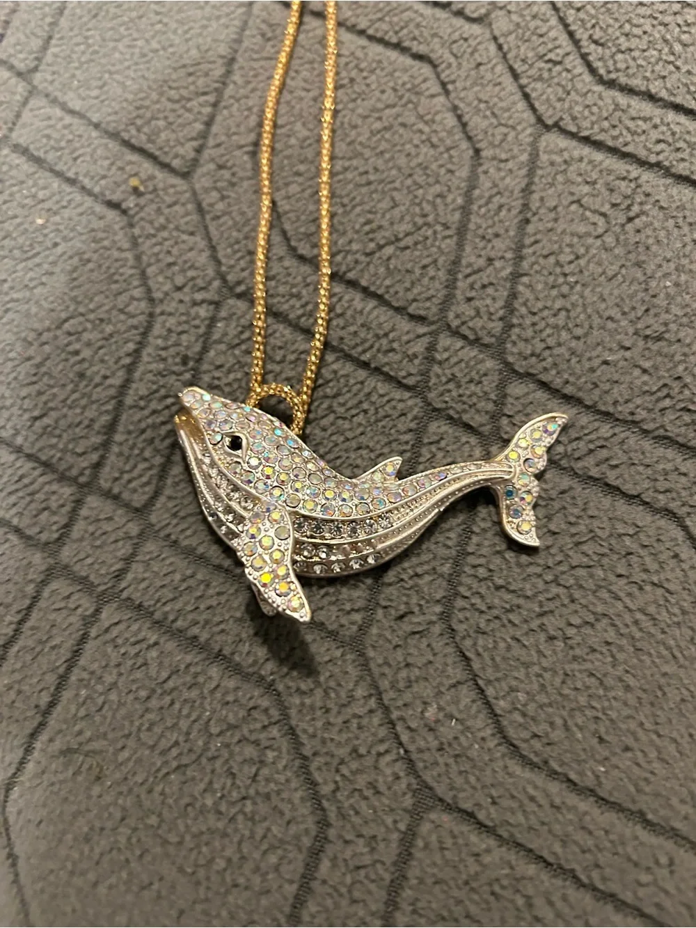 Crystal Iridescent Whale Pendant Necklace - Gold Tone Chain